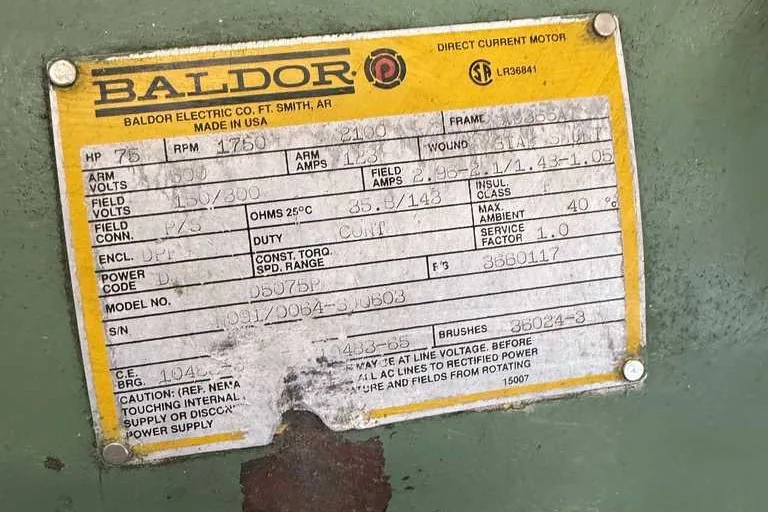 Stamco slitting line - Baldor 75 HP DC recoiler drive motor nameplate