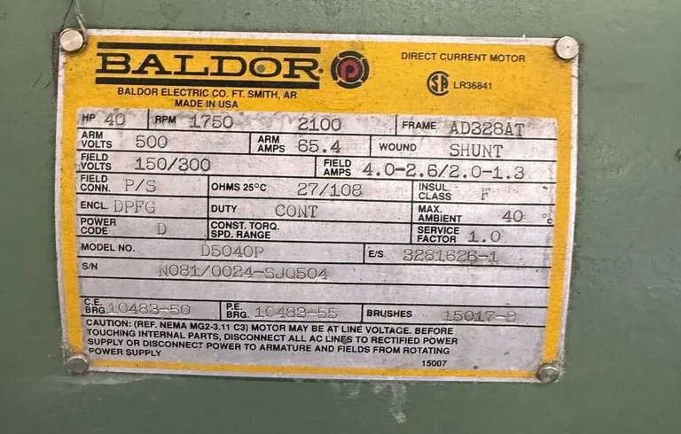 Stamco slitting line - Baldor 40 HP DC slitter drive motor nameplate